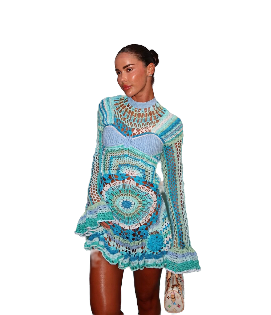 Model wearing the turquoise handmade crochet dress